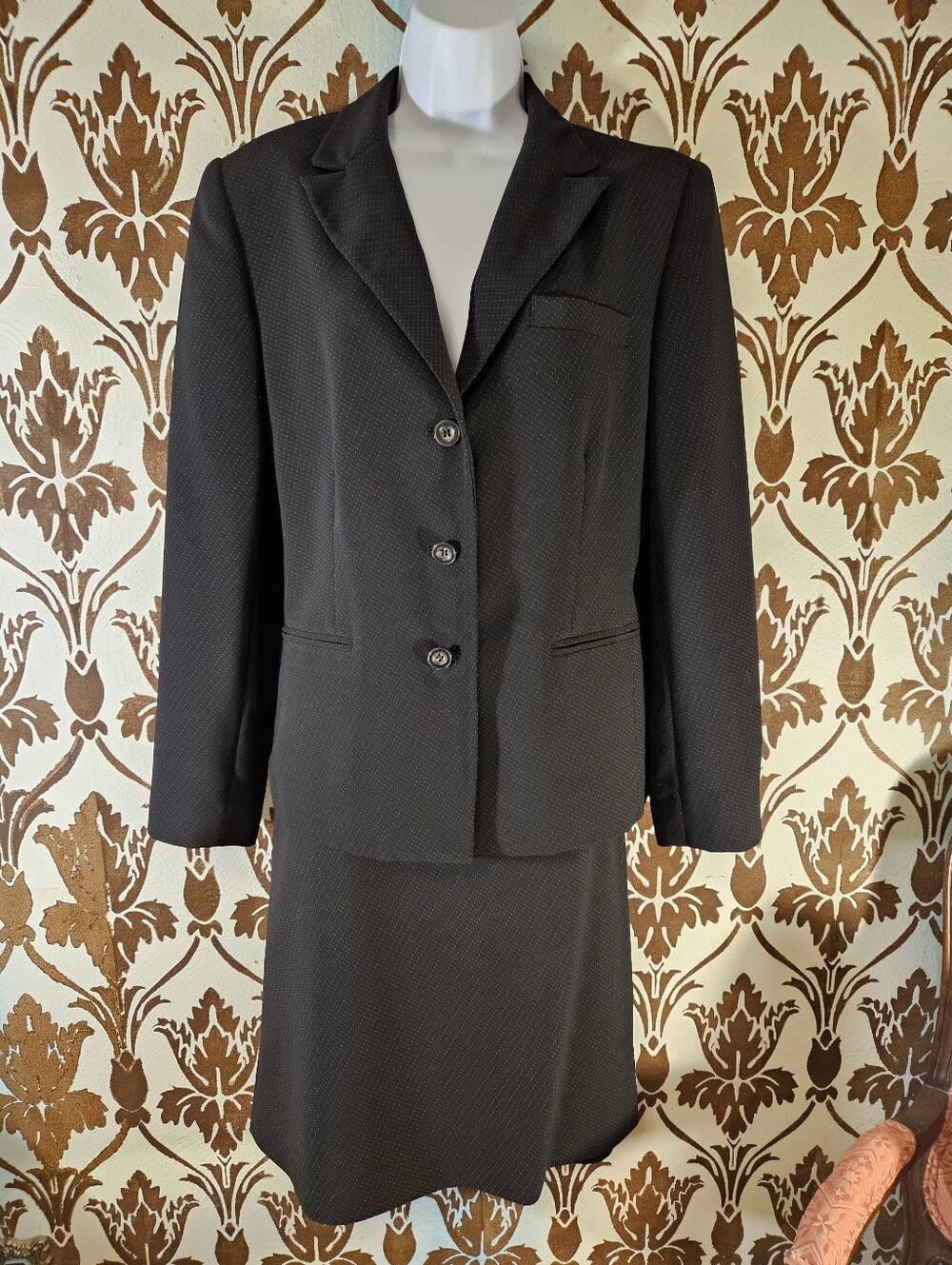 Worthington 2-piece Suit Set Skirt Jacket Black W/Mini Polka Dots Women's 12